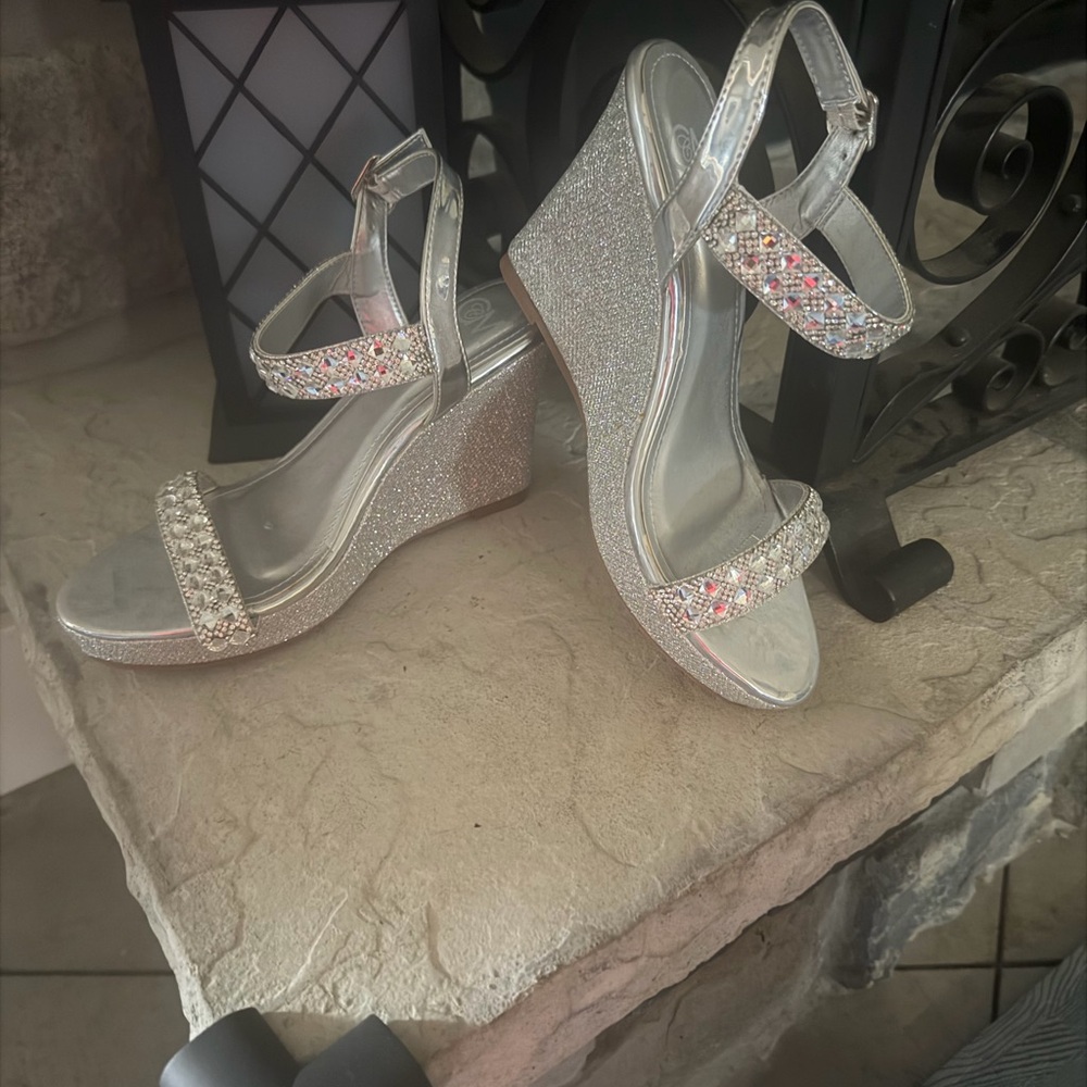 Elegant Silver Glitter Wedge Heels